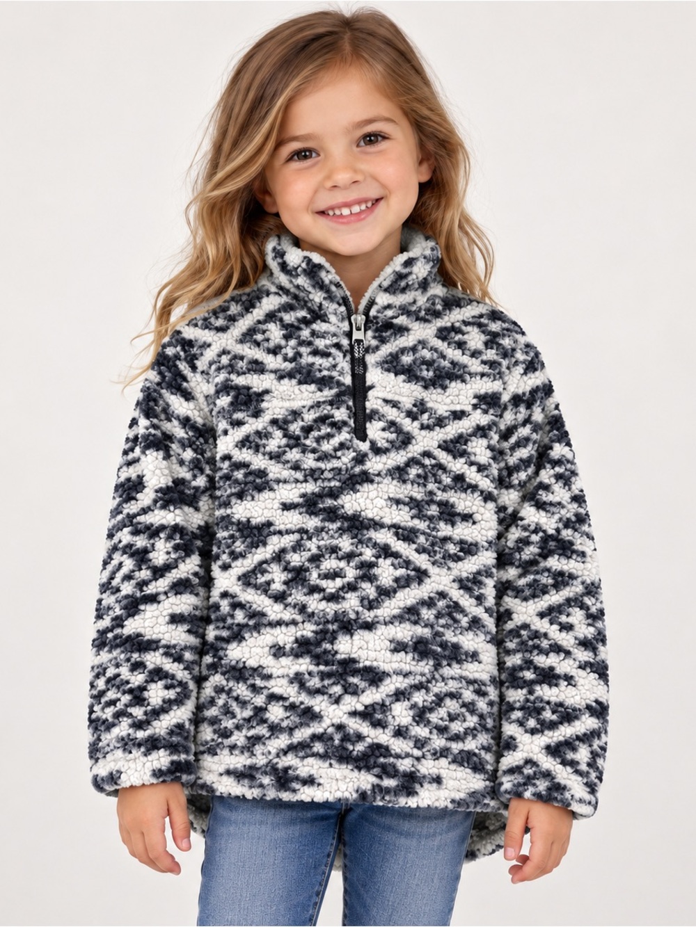 Cuddly Sherpa Girls' Plush Half-Zip Sherpa Pullover - Black & White Size 5-6